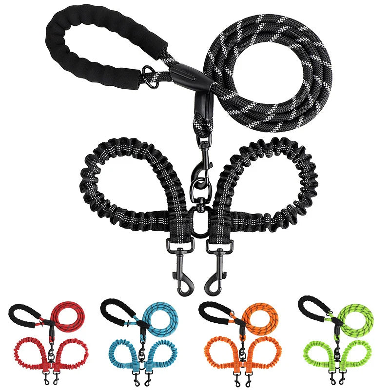 Pet Dog Double Leashes Elastic Rope Two Heads Nylon Two Dogs Collars Harness Leads Dog Leashes Dogs Leash Way Coupler Walk Two