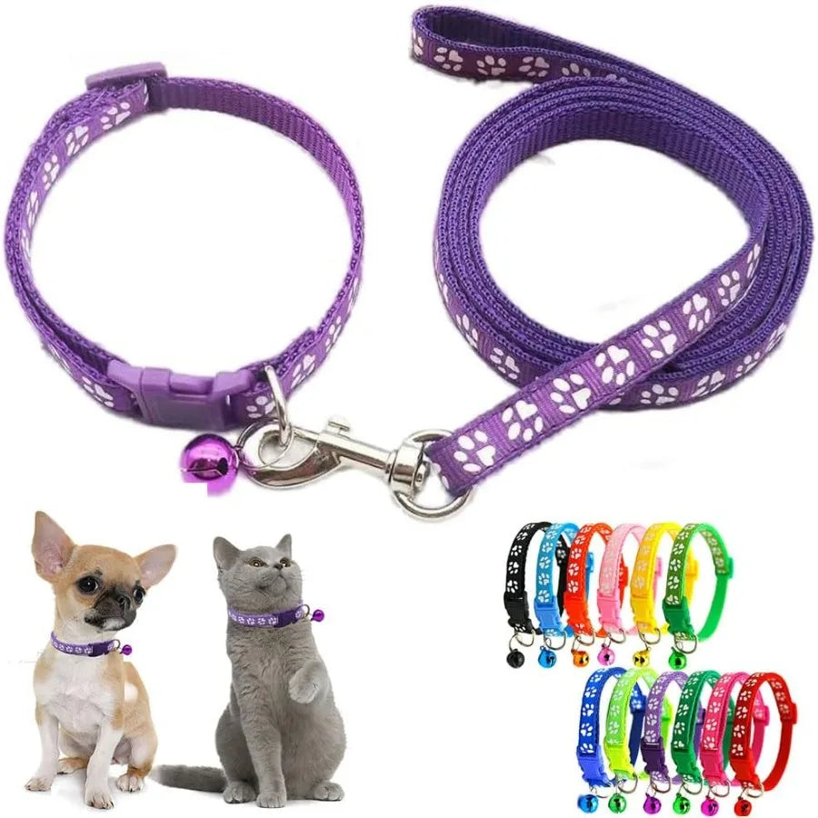 Purple Small Puppy Collar Girl Leash Set Nylon Basic Reflective Puppy Collars Paw Print for XXS Xs Small Dog Cat Pet Animal Lit