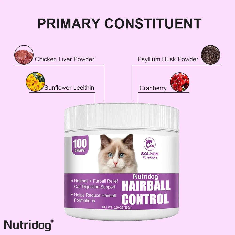NUTRIDOG Cat Hairball Control Chews Omega 3 & 6 Psyllium Husk Biotin Hairball Control for Cats Digestive Health and Skin Support