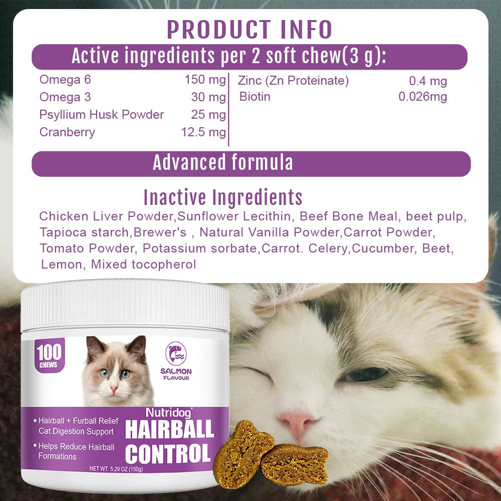NUTRIDOG Cat Hairball Control Chews Omega 3 & 6 Psyllium Husk Biotin Hairball Control for Cats Digestive Health and Skin Support S790eb85e2d464808b255e35ff4a89cadr Mytailwiggles2.com
