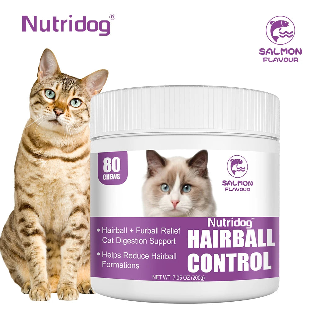 NUTRIDOG Cat Hairball Control Chews Omega 3 & 6 Psyllium Husk Biotin Hairball Control for Cats Digestive Health and Skin Support