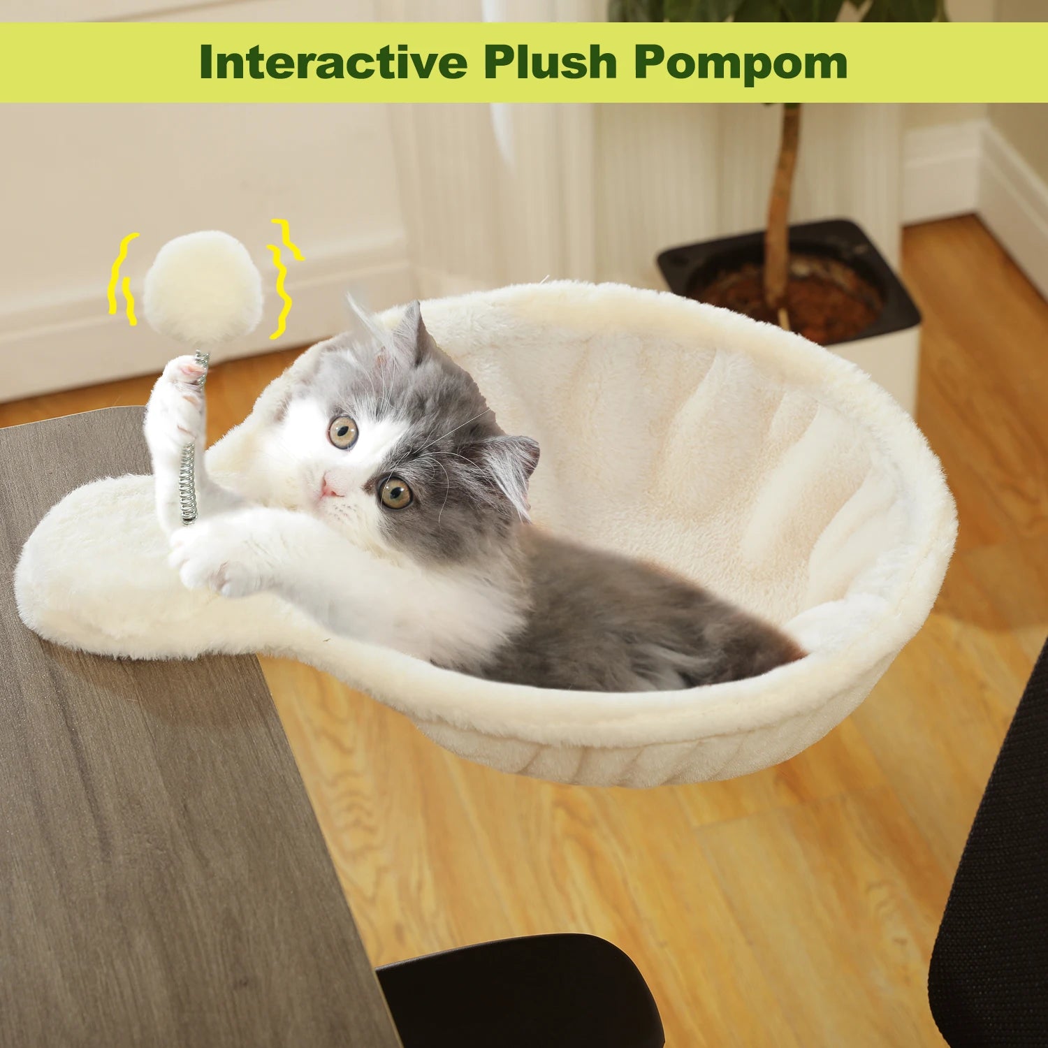 Cozy Removable&Portable Cat Bed,Safe Cat Hammock&Basket with Interactive Plush Ball Toy, Beige,Perfect for Indoor Cats&Desk Use S874b9dfe862d4389b42e5f0062fd3914F Mytailwiggles2.com