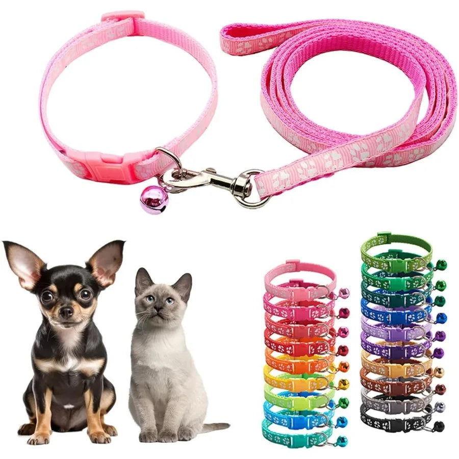 XXS Dog Collar and Leash Set with BellPink Nylon Paw Cat Collar Girl Female Cute Fay Puppy Collar with Bells for XXS XS Tiny Li