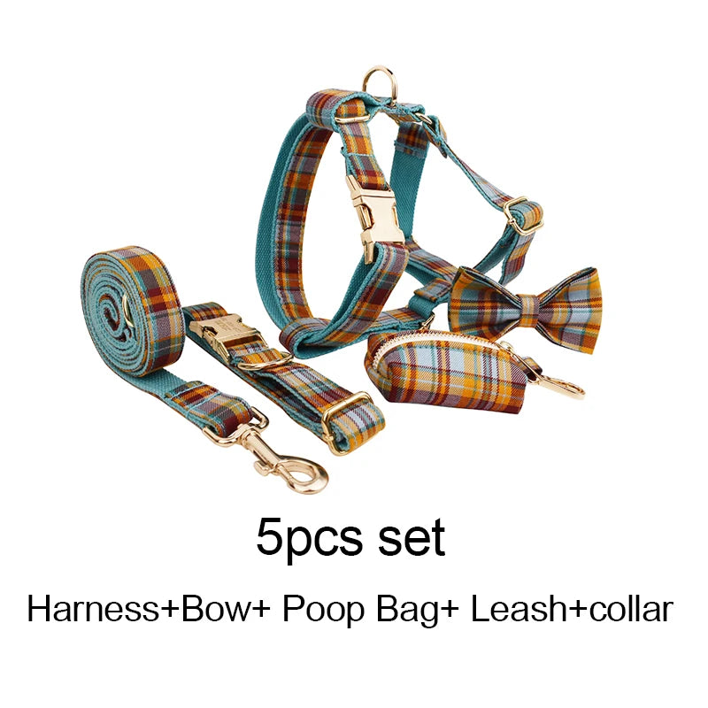 High Quality Custom Design Logo Cotton Pet Accessories Personalized Dog Collar Leashes Harness Bow Set Manufacturers Grid13-02 5pcs set Sb07ac904a4414300a70de295a78308f66 Mytailwiggles2.com