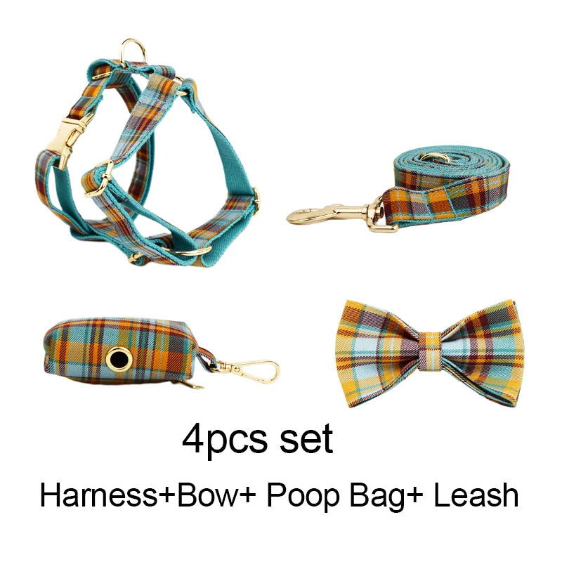 High Quality Custom Design Logo Cotton Pet Accessories Personalized Dog Collar Leashes Harness Bow Set Manufacturers Grid13-02 4pcs set Se3533e7eb9584bd1a1a2d89f0614758eK Mytailwiggles2.com