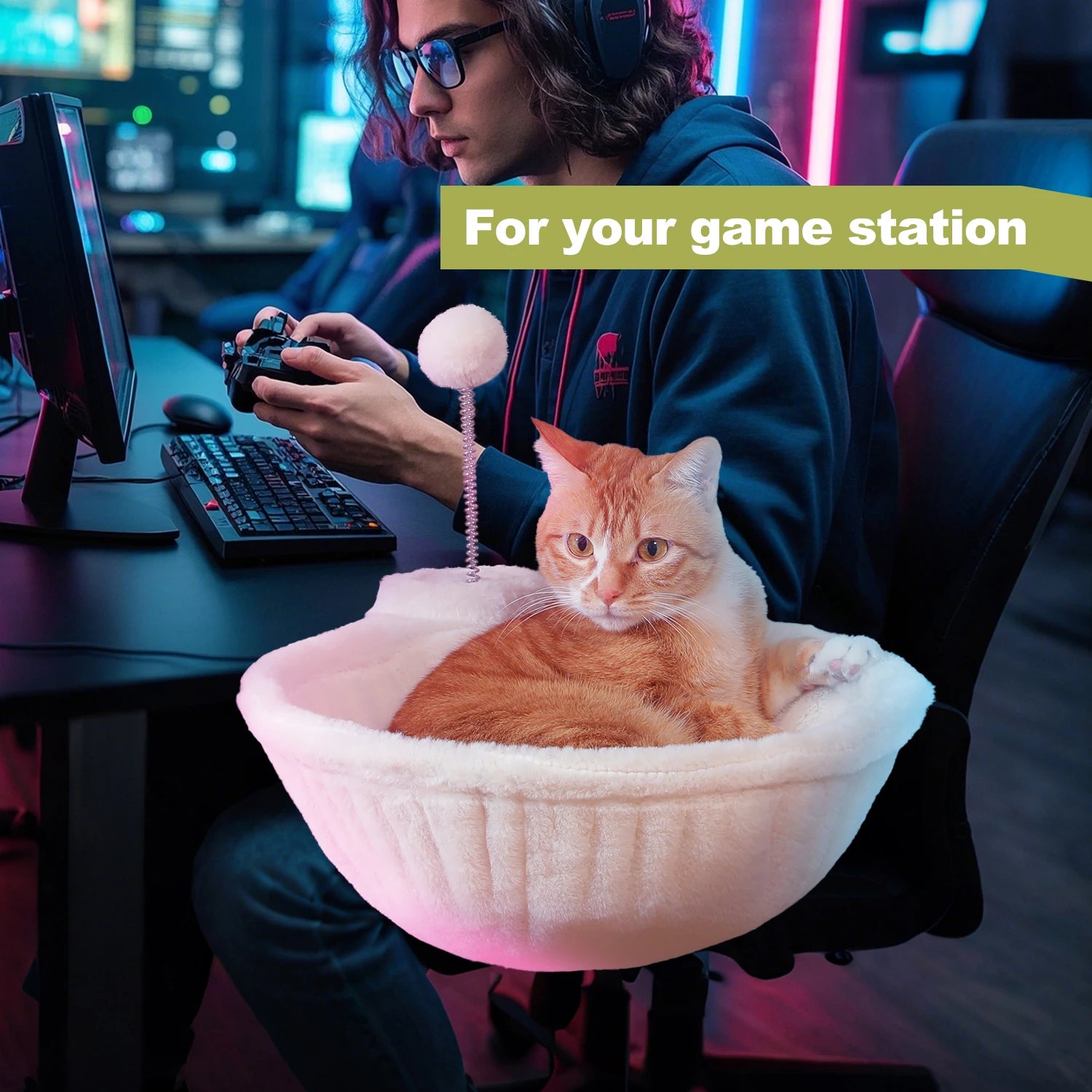 Cozy Removable&Portable Cat Bed,Safe Cat Hammock&Basket with Interactive Plush Ball Toy, Beige,Perfect for Indoor Cats&Desk Use Se92e74d1c54b4e73bbee248e6ec5a60aV Mytailwiggles2.com